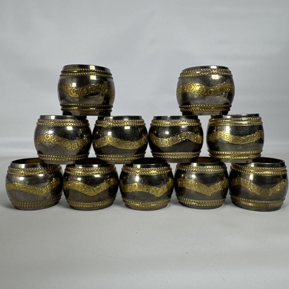 Vtg‎ Napkin Rings Brass Silver Plated Embossed Florals Lot Of 11